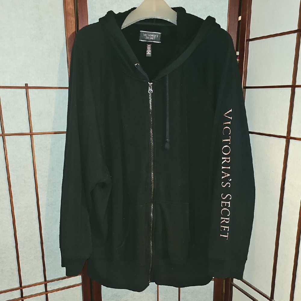Victoria's Secret Black Zip Hoodie with Sleeve Script